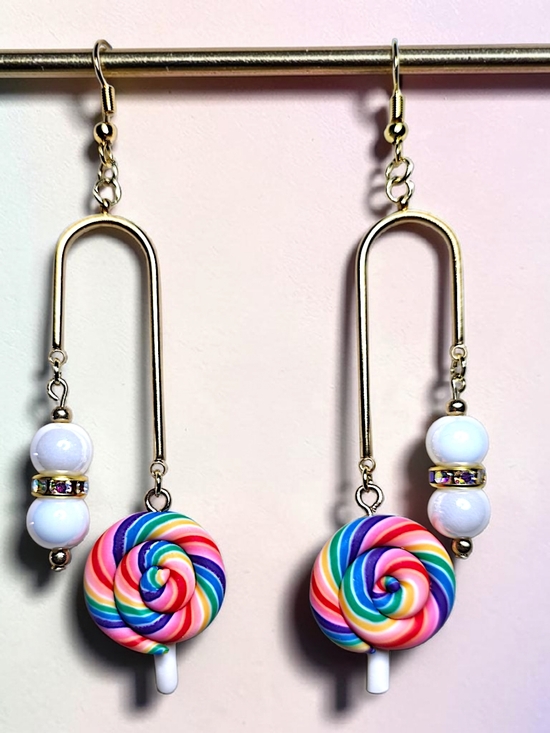 Hand Crafted Jewelry - Rainbow Swirl Polymer Clay Lollipop & White Glass Bead Arch Earrings
